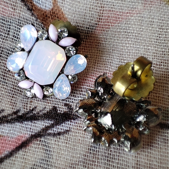 Pink Opaline Emerald Cut Teardrop Unsigned Pierced Earrings - Picture 7 of 11